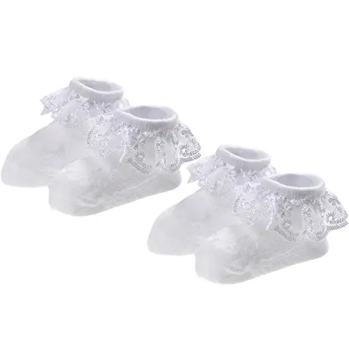 EPEIUS Baby Girl Ruffle Socks, Eyelet Frilly Lace Socks for Newborn Infant | Cute soft cotton baby lace socks. Stay up breathable frilly ankle socks for baptism, shower gifts, party dress, ages 0-5T 