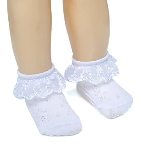 EPEIUS Baby Girl Ruffle Socks, Eyelet Frilly Lace Socks for Newborn Infant | Cute soft cotton baby lace socks. Stay up breathable frilly ankle socks for baptism, shower gifts, party dress, ages 0-5T - 3