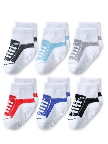 EPEIUS Unisex Baby Girls Boys Non-Slip Socks (Set of 6) | Cute baby shoe look socks with grippers. Soft cotton stay on Booties for 0-6m 6-12m 1-2T 3-5T newborn infant toddlers - 1