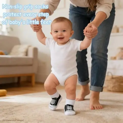 EPEIUS Unisex Baby Girls Boys Non-Slip Socks (Set of 6) | Cute baby shoe look socks with grippers. Soft cotton stay on Booties for 0-6m 6-12m 1-2T 3-5T newborn infant toddlers - 3