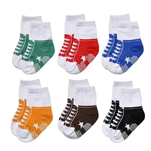EPEIUS Unisex Baby Girls Boys Non-Slip Socks (Set of 6) | Cute baby shoe look socks with grippers. Soft cotton stay on Booties for 0-6m 6-12m 1-2T 3-5T newborn infant toddlers 