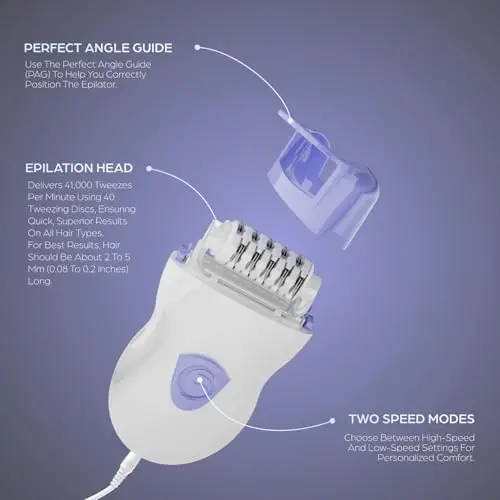 Epilady Speed Corded Epilator for Women, Compact Hair-Removal Device for Legs, Underarms, and Bikini Area, 2 Setting Options, Includes Angled-Trimming Guide, Cord, and Cleaning Brush, Lavender - 3