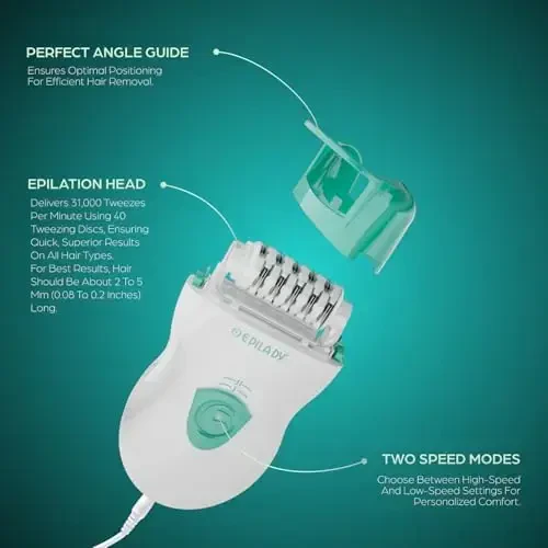 Epilady Speed Corded Epilator for Women, Compact Hair-Removal Device for Legs, Underarms, and Bikini Area, 2 Setting Options, Includes Angled-Trimming Guide, Cord, and Cleaning Brush, Turquoise - 3