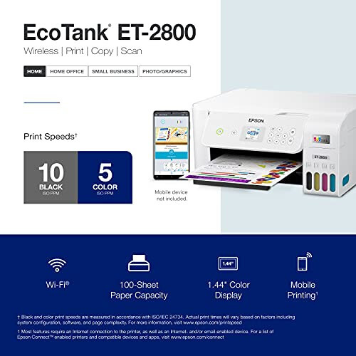 Epson EcoTank ET-2800 Беспроводной цветной многофункциональный принтер Supertank без картриджей со сканированием и копированием - Идеальный базовый домашний принтер - Белый, средний - 4