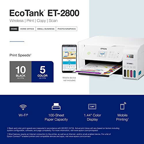 Epson EcoTank ET-2800 Беспроводной цветной многофункциональный принтер Supertank без картриджей со сканированием и копированием - Идеальный базовый домашний принтер - Белый, средний - 4