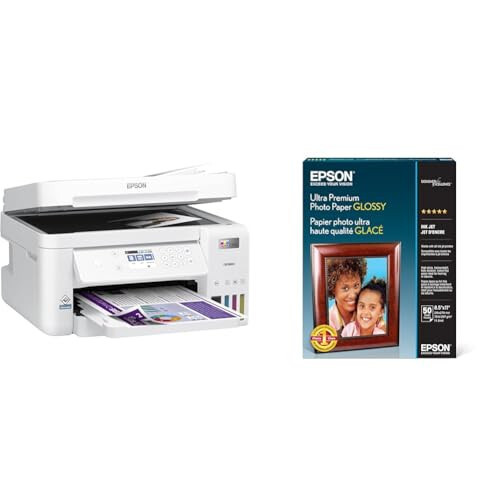 Epson EcoTank ET-3850 Simsiz Rangli Hammasi Bitta Kartrijsiz Supertank Printer Skener va Ultra Premium Fotosurat Qog'ozi Yaltirok (8.5x11 Dyuym, 50 Varag') (S042175), Oq - 1