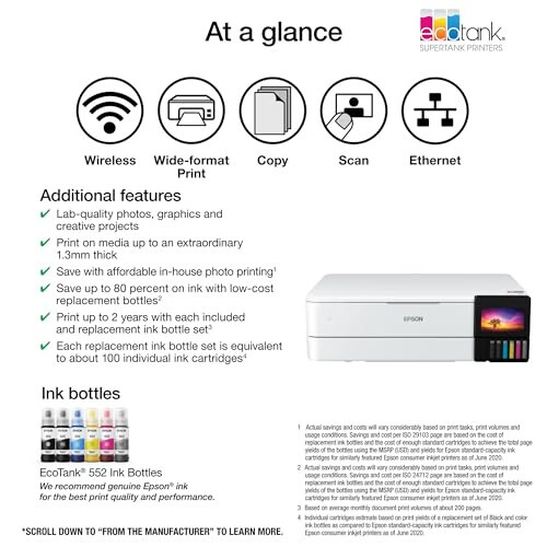 Epson EcoTank Photo ET-8550 Wireless Wide-Format All-in-One Supertank Printer with Scanner, Copier, Ethernet and 4.3-inch Color Touchscreen, Large, White - 3