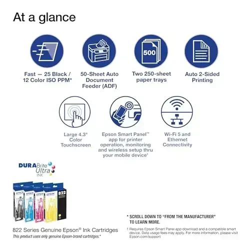 Epson Workforce ES-50 PC va Mac uchun portativ varaqli hujjat skaneri va Auto 2 tomonlama chop etish, nusxa olish funksiyalariga ega Workforce Pro WF-4830 simsiz ko'p funksiyali printer - 7