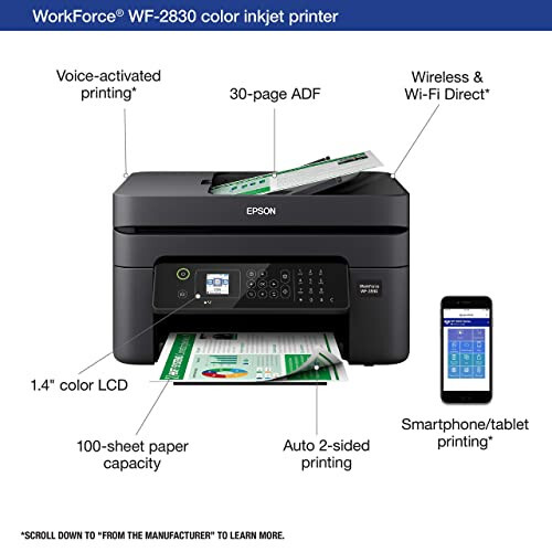 Epson Workforce WF-2830 Wireless Color Inkjet All-in-One Printer, Print Scan Copy and Fax, Automatic 2-Sided Printing, 1.4