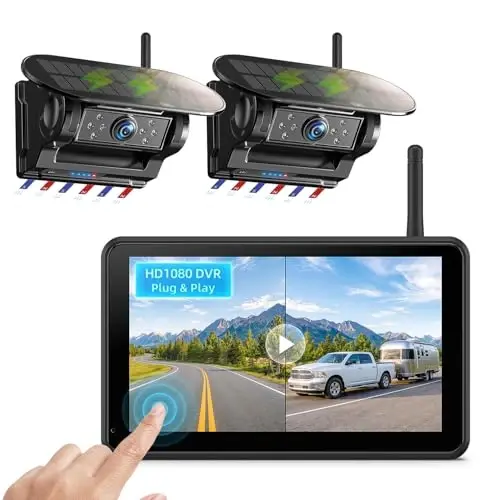 eRapta 7 Inch Dual Solar Wireless Backup Camera Magnetic with HD1080P DVR | Touchscreen BSD Alarm, 1-Min Free-Installation, IR Night Vision for Truck/Trailer/Tractor/Small-RV/Hitching/Fifth Wheels - 1