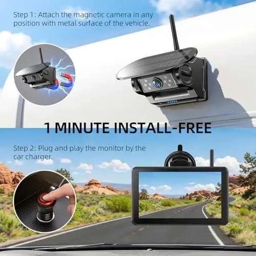 eRapta 7 Inch Dual Solar Wireless Backup Camera Magnetic with HD1080P DVR | Touchscreen BSD Alarm, 1-Min Free-Installation, IR Night Vision for Truck/Trailer/Tractor/Small-RV/Hitching/Fifth Wheels - 5
