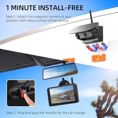 eRapta Magnetic Solar Wireless Backup Camera: HD1080P 5” Touchscreen | Portable with DVR, BSD, 1-Min Install-free IR Night Vision Hitch Backup Camera for Trailer/Truck/ RV/Camper/Tractor-AWTCM501 - 5