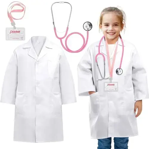 ERDOGLY Doctor Coat for Kids, Kids Lab Coat with Real Stethoscope, Toddler Scientist Dress up Costume, Girls Halloween Doctor Costumes Career Day Role Play (S/5-7 Years) - MODAZONE (1)