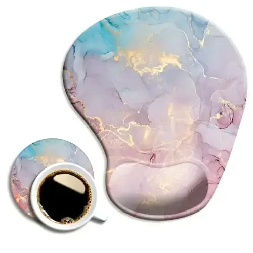 Ergonomic Mouse Pad with Wrist Support and Coaster,Mouse Pads with Non-Slip PU Base for Home Office Working Studying Easy Typing & Pain Relief Cyan Pink Marble - 1