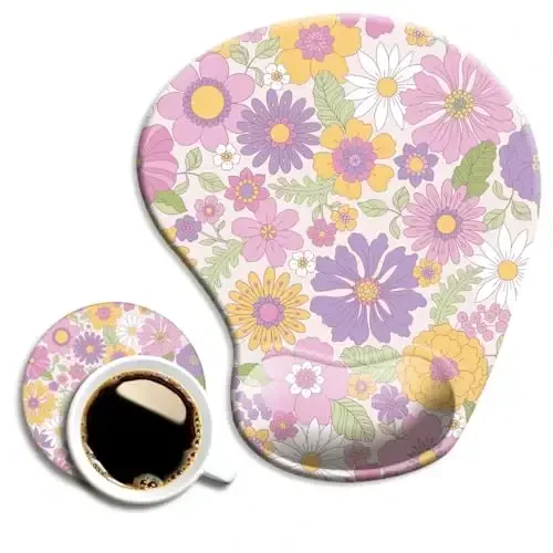 Ergonomic Mouse Pad with Wrist Support and Coaster,Mouse Pads with Non-Slip PU Base for Home Office Working Studying Easy Typing & Pain Relief Daisy Blossom - DOOKE