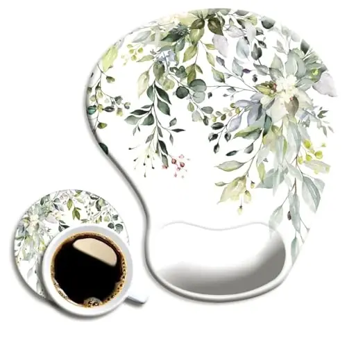 Эргономичный коврик для мыши с поддержкой запястья и подставкой, коврики для мыши с нескользящим полиуретановым основанием для домашнего офиса, работы, учебы, легкого набора текста и облегчения боли, акварельные листья - DOOKE