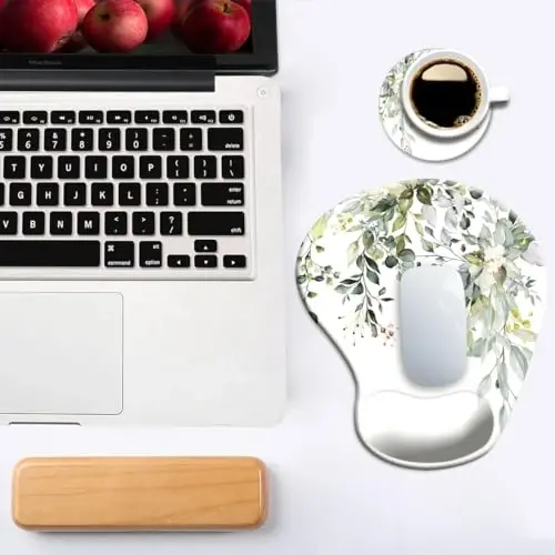 Ergonomik bilak uzatkichi va taglikli sichqoncha, uy ofisida ishlash, o'qish, oson yozish va og'riqni yo'qotish uchun sirpanmaydigan PU asosli sichqoncha tagliklari, akvarel barglari - 6