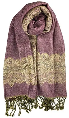 Plum Feathers Tapestry Ethnic Paisley Pattern PasModazoneina Shawl Scarf, Womens PasModazoneina Shawl Wrap with Fringes - 1