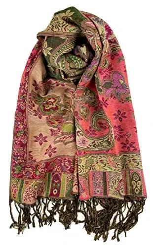 Plum Feathers Tapestry Ethnic Paisley Pattern PasModazoneina Shawl Scarf, Womens PasModazoneina Shawl Wrap with Fringes - 1