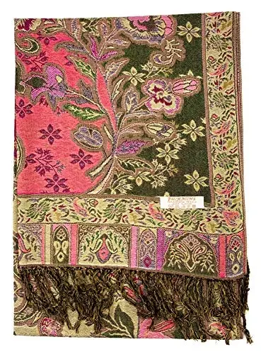 Plum Feathers Tapestry Ethnic Paisley Pattern PasModazoneina Shawl Scarf, Womens PasModazoneina Shawl Wrap with Fringes - 2