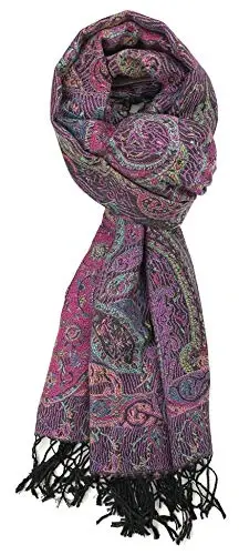 Plum Feathers Tapestry Ethnic Paisley Pattern PasModazoneina Shawl Scarf, Womens PasModazoneina Shawl Wrap with Fringes - 2