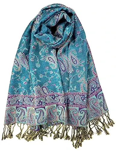 Plum Feathers Tapestry Ethnic Paisley Pattern PasModazoneina Shawl Scarf, Womens PasModazoneina Shawl Wrap with Fringes - 1
