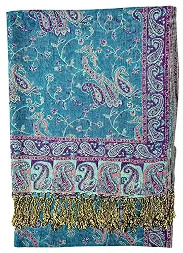 Plum Feathers Tapestry Ethnic Paisley Pattern PasModazoneina Shawl Scarf, Womens PasModazoneina Shawl Wrap with Fringes - 3