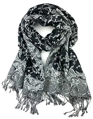 Plum Feathers Tapestry Ethnic Paisley Pattern PasModazoneina Shawl Scarf, Womens PasModazoneina Shawl Wrap with Fringes 