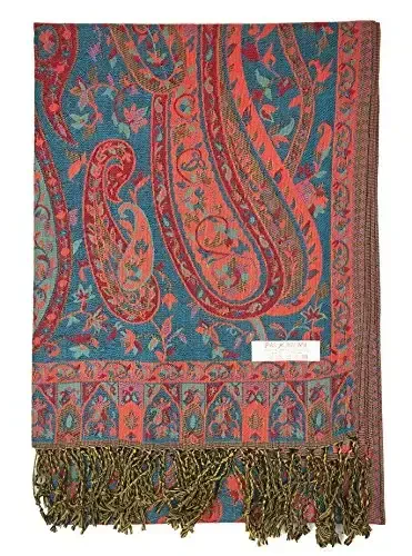 Plum Feathers Tapestry Ethnic Paisley Pattern PasModazoneina Shawl Scarf, Womens PasModazoneina Shawl Wrap with Fringes - 3