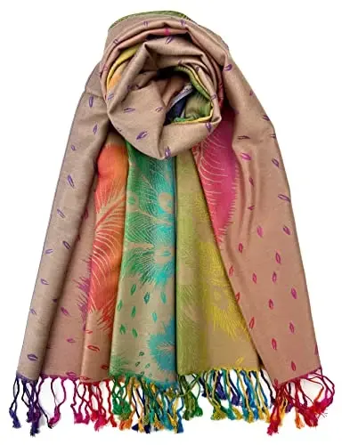 Plum Feathers Tapestry Ethnic Paisley Pattern PasModazoneina Shawl Scarf, Womens PasModazoneina Shawl Wrap with Fringes - 1