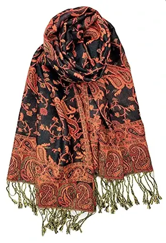 Plum Feathers Tapestry Ethnic Paisley Pattern PasModazoneina Shawl Scarf, Womens PasModazoneina Shawl Wrap with Fringes 