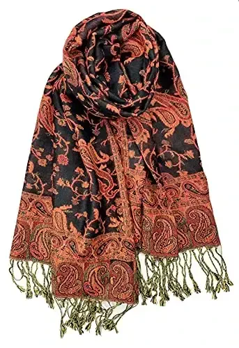Plum Feathers Tapestry Ethnic Paisley Pattern PasModazoneina Shawl Scarf, Womens PasModazoneina Shawl Wrap with Fringes - PLUM