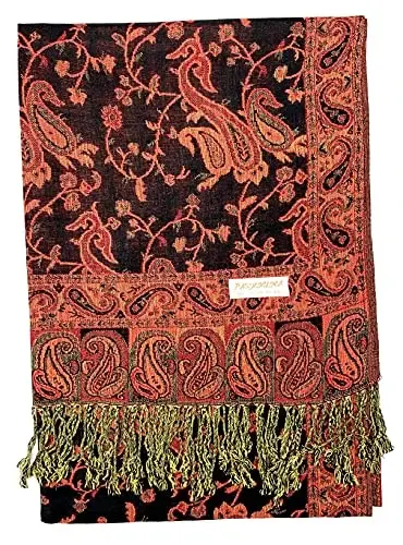 Plum Feathers Tapestry Ethnic Paisley Pattern PasModazoneina Shawl Scarf, Womens PasModazoneina Shawl Wrap with Fringes - 2