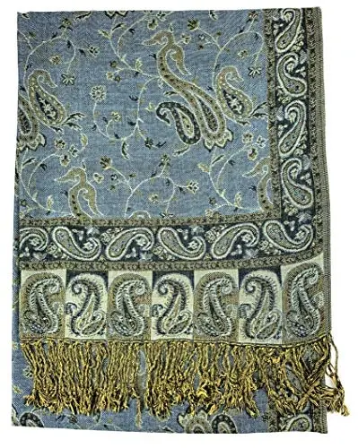 Plum Feathers Tapestry Ethnic Paisley Pattern PasModazoneina Shawl Scarf, Womens PasModazoneina Shawl Wrap with Fringes - 2