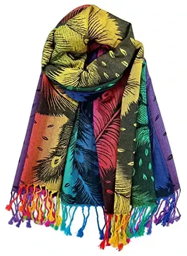 Plum Feathers Tapestry Ethnic Paisley Pattern PasModazoneina Shawl Scarf, Womens PasModazoneina Shawl Wrap with Fringes - 1