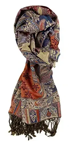 Plum Feathers Tapestry Ethnic Paisley Pattern PasModazoneina Shawl Scarf, Womens PasModazoneina Shawl Wrap with Fringes - PLUM (1)