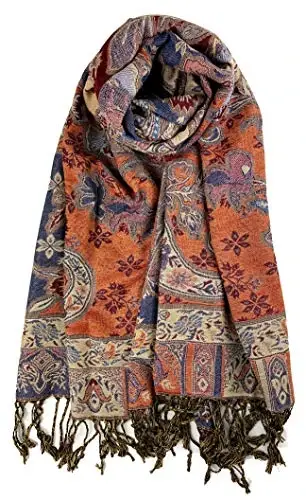 Plum Feathers Tapestry Ethnic Paisley Pattern PasModazoneina Shawl Scarf, Womens PasModazoneina Shawl Wrap with Fringes - 1