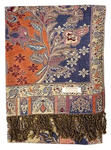 Plum Feathers Tapestry Ethnic Paisley Pattern PasModazoneina Shawl Scarf, Womens PasModazoneina Shawl Wrap with Fringes - 3