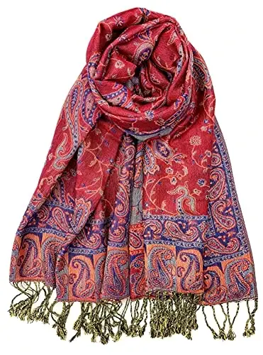 Plum Feathers Tapestry Ethnic Paisley Pattern PasModazoneina Shawl Scarf, Womens PasModazoneina Shawl Wrap with Fringes - 1