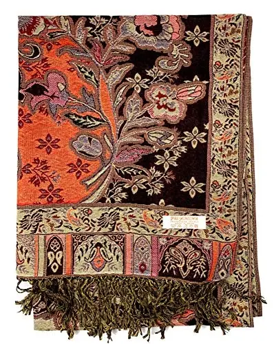 Plum Feathers Tapestry Ethnic Paisley Pattern PasModazoneina Shawl Scarf, Womens PasModazoneina Shawl Wrap with Fringes - PLUM (1)