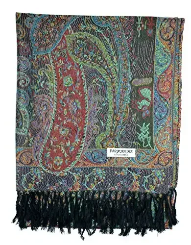 Plum Feathers Tapestry Ethnic Paisley Pattern PasModazoneina Shawl Scarf, Womens PasModazoneina Shawl Wrap with Fringes - 3