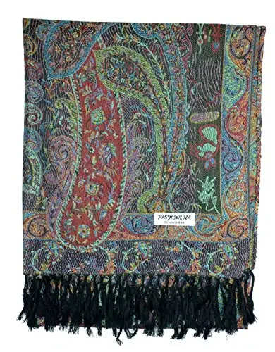 Plum Feathers Tapestry Ethnic Paisley Pattern PasModazoneina Shawl Scarf, Womens PasModazoneina Shawl Wrap with Fringes - 6
