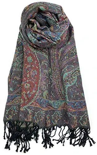 Plum Feathers Tapestry Ethnic Paisley Pattern PasModazoneina Shawl Scarf, Womens PasModazoneina Shawl Wrap with Fringes - 1