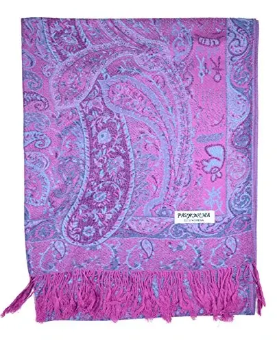 Plum Feathers Tapestry Ethnic Paisley Pattern PasModazoneina Shawl Scarf, Womens PasModazoneina Shawl Wrap with Fringes - 3