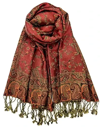 Plum Feathers Tapestry Ethnic Paisley Pattern PasModazoneina Shawl Scarf, Womens PasModazoneina Shawl Wrap with Fringes - PLUM