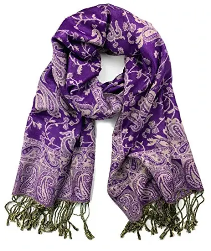 Plum Feathers Tapestry Ethnic Paisley Pattern PasModazoneina Shawl Scarf, Womens PasModazoneina Shawl Wrap with Fringes - 1