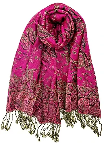 Plum Feathers Tapestry Ethnic Paisley Pattern PasModazoneina Shawl Scarf, Womens PasModazoneina Shawl Wrap with Fringes - 1