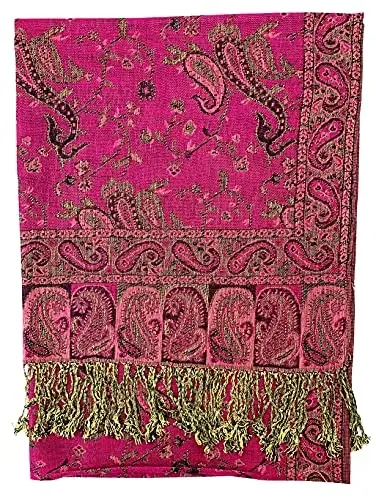 Plum Feathers Tapestry Ethnic Paisley Pattern PasModazoneina Shawl Scarf, Womens PasModazoneina Shawl Wrap with Fringes - 2