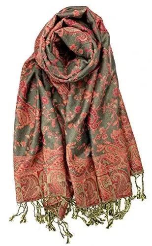 Plum Feathers Tapestry Ethnic Paisley Pattern PasModazoneina Shawl Scarf, Womens PasModazoneina Shawl Wrap with Fringes - 1