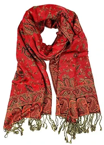 Plum Feathers Tapestry Ethnic Paisley Pattern PasModazoneina Shawl Scarf, Womens PasModazoneina Shawl Wrap with Fringes - PLUM (1)
